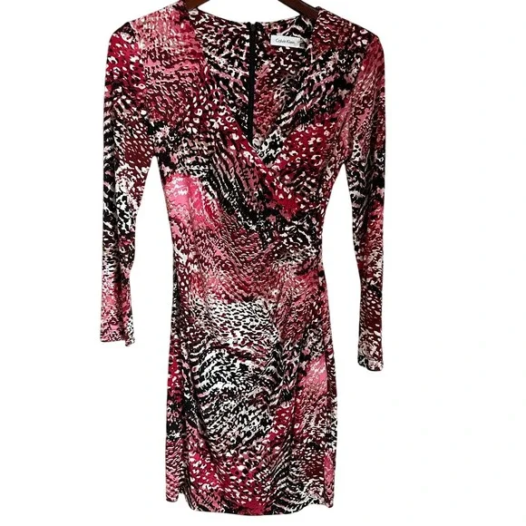 Calvin Klein Wrap Dress Pink Abstract Midi Length V-Neck Stretch Jersey Knit